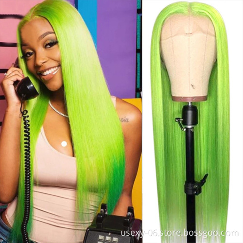 Customized virgin hair wigs full lace frontal 100% natural human hair wigs for women color straight full hd lace front green wig
